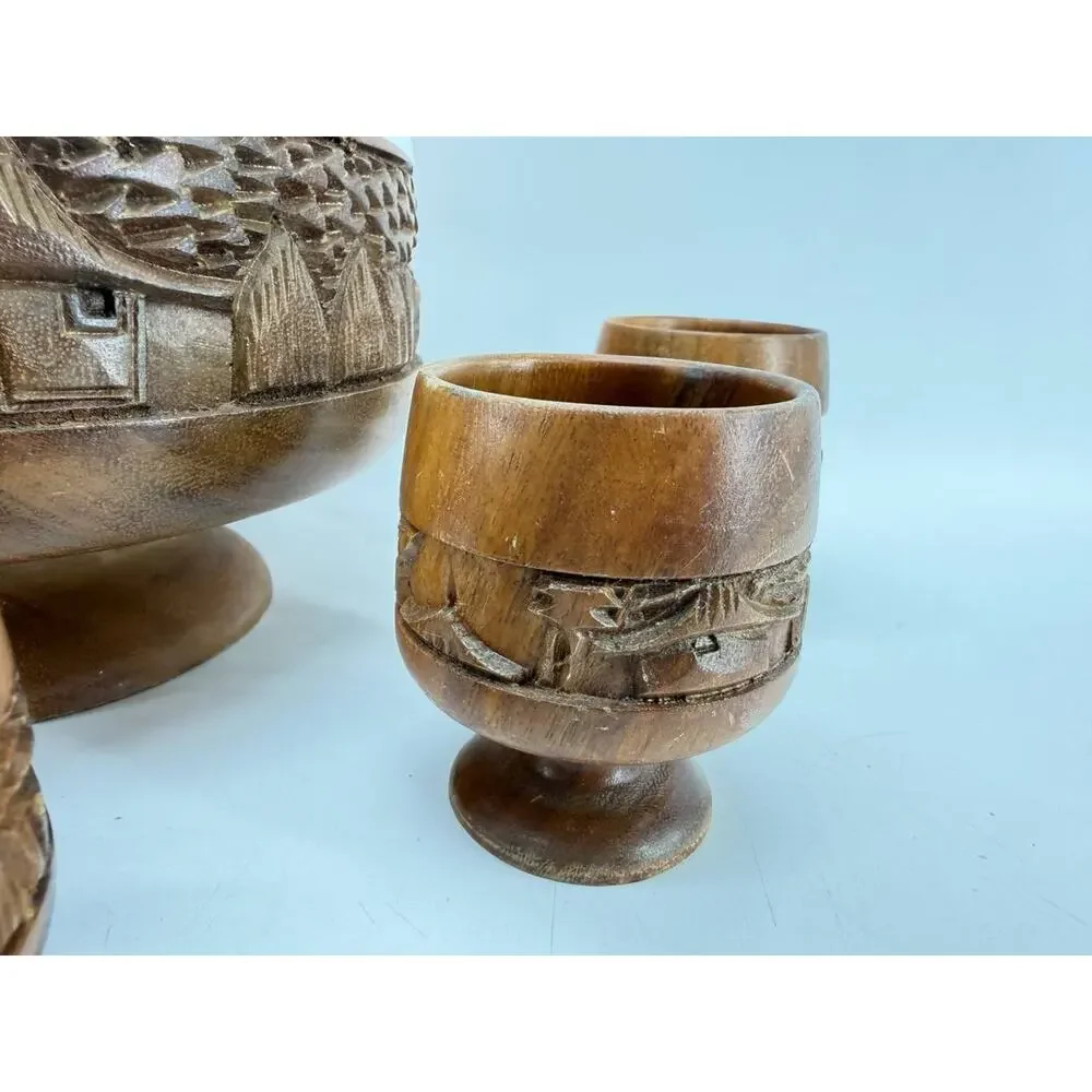 Vintage Hand Carved Wood Punch Bowl Set 6 Goblets Tiki Village 3 lb